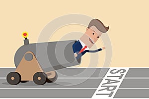 Businessman in cannon on start. Starting career, business concept. Vector illustration