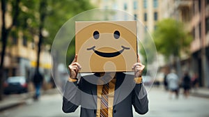 Businessman with a cardboard box on his head with smiley face