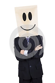 Businessman with cardboard head smiling
