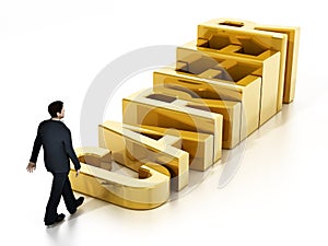 Businessman and career steps leading through the gold cup. 3D illustration