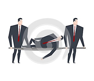 Businessman carries boss on stretcher. office life vector illustration.