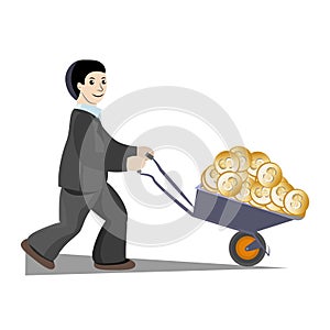 Businessman carries a lot of money in a wheelbarrow