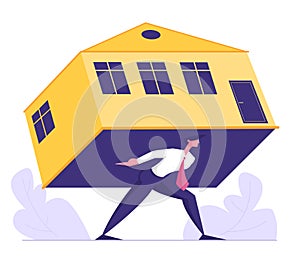 Businessman Carry Heavy Home, Overwhelming Mortgage. Man Carrying House, Real Estate Investment, Rental or Loan