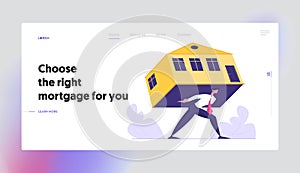 Businessman Carry Heavy Home, Overwhelming Mortgage Website Landing Page, Man Carrying House, Real Estate