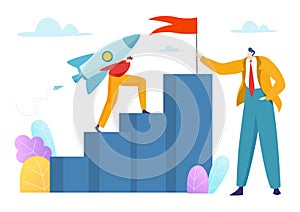 Businessman carry rocket up, vector illustration, tiny flat man overburned character climb stairs for goal achievement