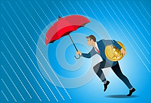 Businessman carrying bitcoins and umbrella running away from business crisis. cryptocurrency collapse, trader technical analysis,