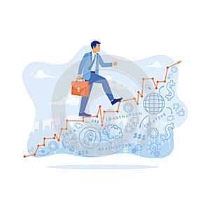 A businessman carrying a briefcase walking on a graph building a new business idea. Business icons are drawn under the stairs.