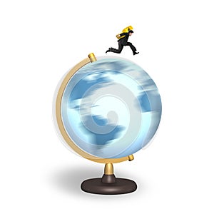 Businessman carrying dollar sign running on rotating globe