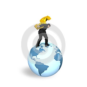 Businessman carrying dollar sign standing on globe world map
