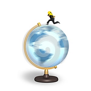 Businessman carrying euro sign running on rotating globe