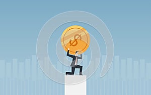 Businessman carrying golden dollar coin on shoulder in flat icon design with chart and blue color background