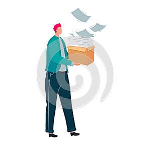 Businessman carrying heavy box of papers, overwhelmed with workload. Office worker with documents, stress at work vector