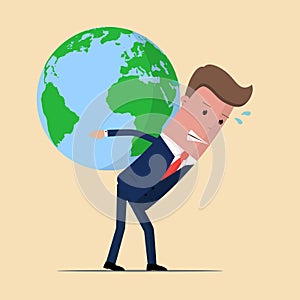 Businessman carrying huge world globe on his back. Business leadership and responsibility concept. Vector illustration