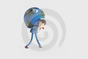 Businessman carrying the planet earth on his back and looking serious. 3D Rendering