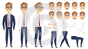 Businessman, cartoon character for animation. Set of face emotions, poses and gestures