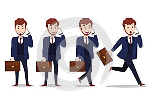 Businessman cartoon character, comunication by mobile phone with exciting emotion and set of four poses vector photo