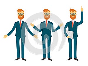 Businessman cartoon character in different poses for business presentation vector set. Successful man shows and tells