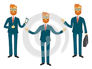 Businessman cartoon character in different poses for business presentation vector set. Successful man shows and tells