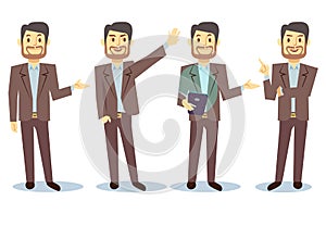 Businessman cartoon character in different poses for business presentation vector set