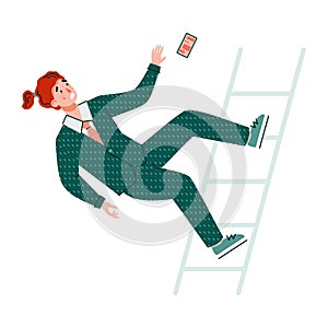 Businessman cartoon character falls from stairs flat vector illustration.