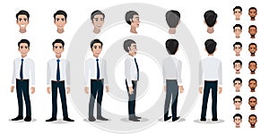 Businessman cartoon character head set and animation. Front, side, back, 3-4 view character vector