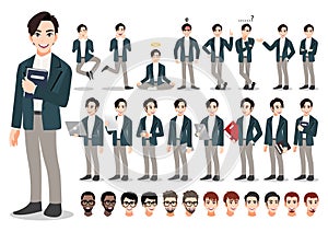 Businessman cartoon character set. Handsome business man in office style smart suit . Vector illustration