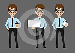 Businessman cartoon character, set of three poses. Handsome business man in office style clothes vector