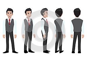 Businessman cartoon character with a smart shirt and waistcoat for animation. Front, side, back, 3-4 view character. Flat icon