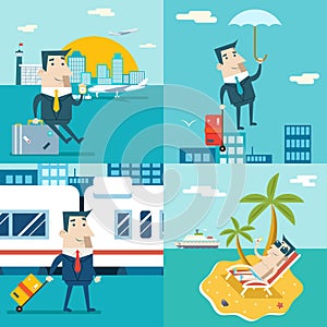 Businessman Cartoon Character Travel Train Ship Airplane Mobile Business Marketing Urban Sky Background Modern Flat