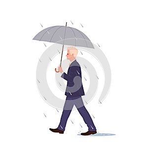 Businessman cartoon character with umbrella walking on street during rainfall isolated on white