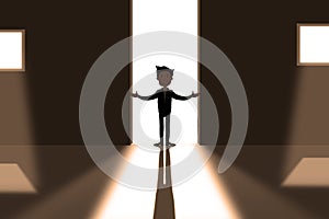 Businessman Cartoon Door Light Standing. Opportunities and business leader concept