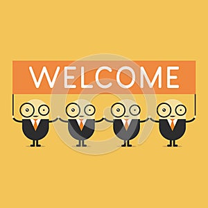 Businessman cartoon holding welcome sign.