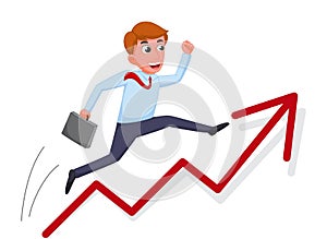 Businessman cartoon jump over growing chart