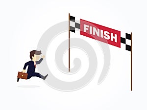 Businessman cartoon running into finish line achieving accomplishment