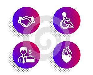 Businessman case, Disability and Employees handshake icons set. Heart flame sign. Vector