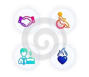 Businessman case, Disability and Employees handshake icons set. Heart flame sign. Vector