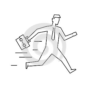 Businessman with case running linear illustration on white background