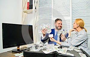 Businessman with cash bank client. Office manager hold bank card. Man business owner sit office pile of money. Bank