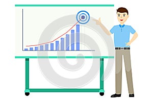Businessman in casual wear presents business performance by using bar graph, pointing finger to the expected target or goal on whi