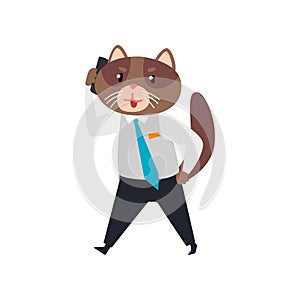 Businessman cat talking on the phone, humanized animal cartoon character at work vector Illustration