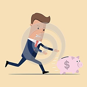 Businessman catches piggy bank. Concept of saving money. Vector illustration