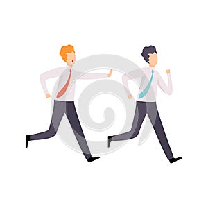 Businessman Catching Up Running Colleague, Business Competition, Rivalry Between Office Workers Vector Illustration