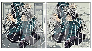 Businessman caught by grid. Stock illustration