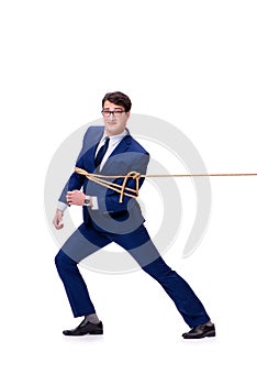 The businessman caught with rope lasso isolated on white