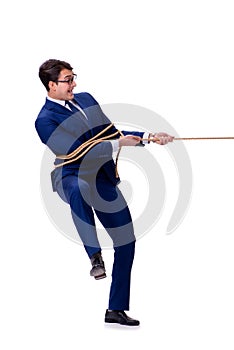 The businessman caught with rope lasso isolated on white