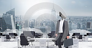 Businessman with CCTV head in office above city skyline