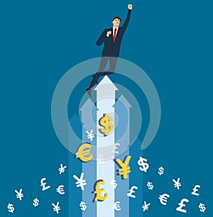 A businessman celebrating on the arrow and money icons vector, business concept illustration