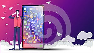 Businessman  with Cellphone , screen vivid and icon business,cloud, paper  rocket fold- Idea  concept creativity  innovation techn