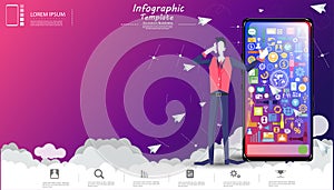 Businessman  with Cellphone , screen vivid and icon business,cloud, paper  rocket fold- Idea  concept creativity  innovation techn