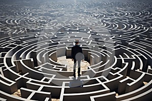 Businessman at the center of a complex maze, contemplating the challenge